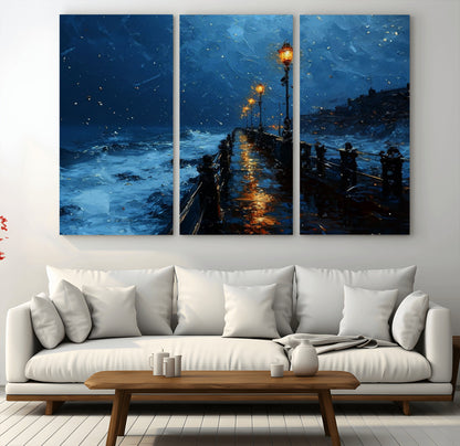 48300530-MGV-CV-36X24-Dark Stormy Pier Canvas Wall Art – Moody Ocean Night Scene with Street Lamps, Blue Coastal Seascape Print for Bedroom, Office, or