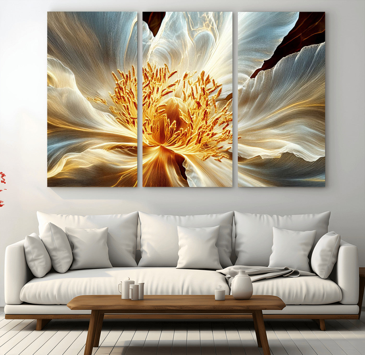 20862576-MGV-CV-36X24-Golden Abstract Flower Canvas Wall Art – Modern Botanical Bloom Print, Elegant Floral Artwork for Living Room, Bedroom, Office