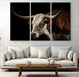 27414857-MGV-CV-36X24-Texas Longhorn Bull Canvas Wall Art – Rustic Western Farmhouse Decor, Brown & White Cow Portrait, Animal Print for Ranch Home