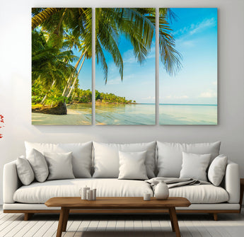 65056721-MGV-CV-36X24-Tropical Beach Wall Art – Palm Tree Coastal Photography Print, Relaxing Ocean Paradise Landscape, Island Seascape Home or Office