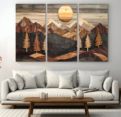 90044381-MGV-CV-36X24-Rustic Wall Art – Wooden Mountain Landscape with Sun and Pine Trees, Handcrafted Nature Canvas Style Decor for Bedroom, Living