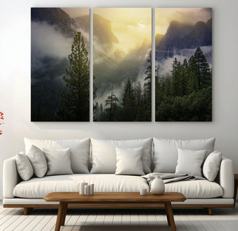 38316884-MGV-CV-36X24-Landscape Wall Art – Misty Mountain Valley Canvas Print, Scenic Pine Forest and Sunrise Photography Decor for Bedroom, Living
