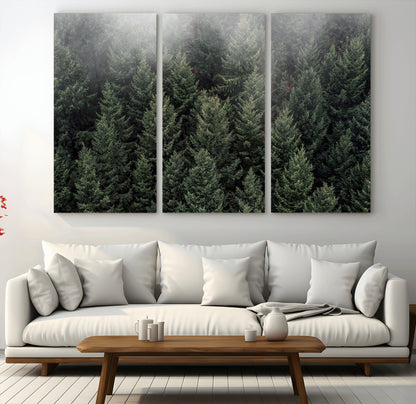 84059409-MGV-CV-48X32-3P-Forest Wall Art – Misty Evergreen Trees Canvas Print, Tranquil Nature Photography Decor for Bedroom, Living Room, Office, Cabin or