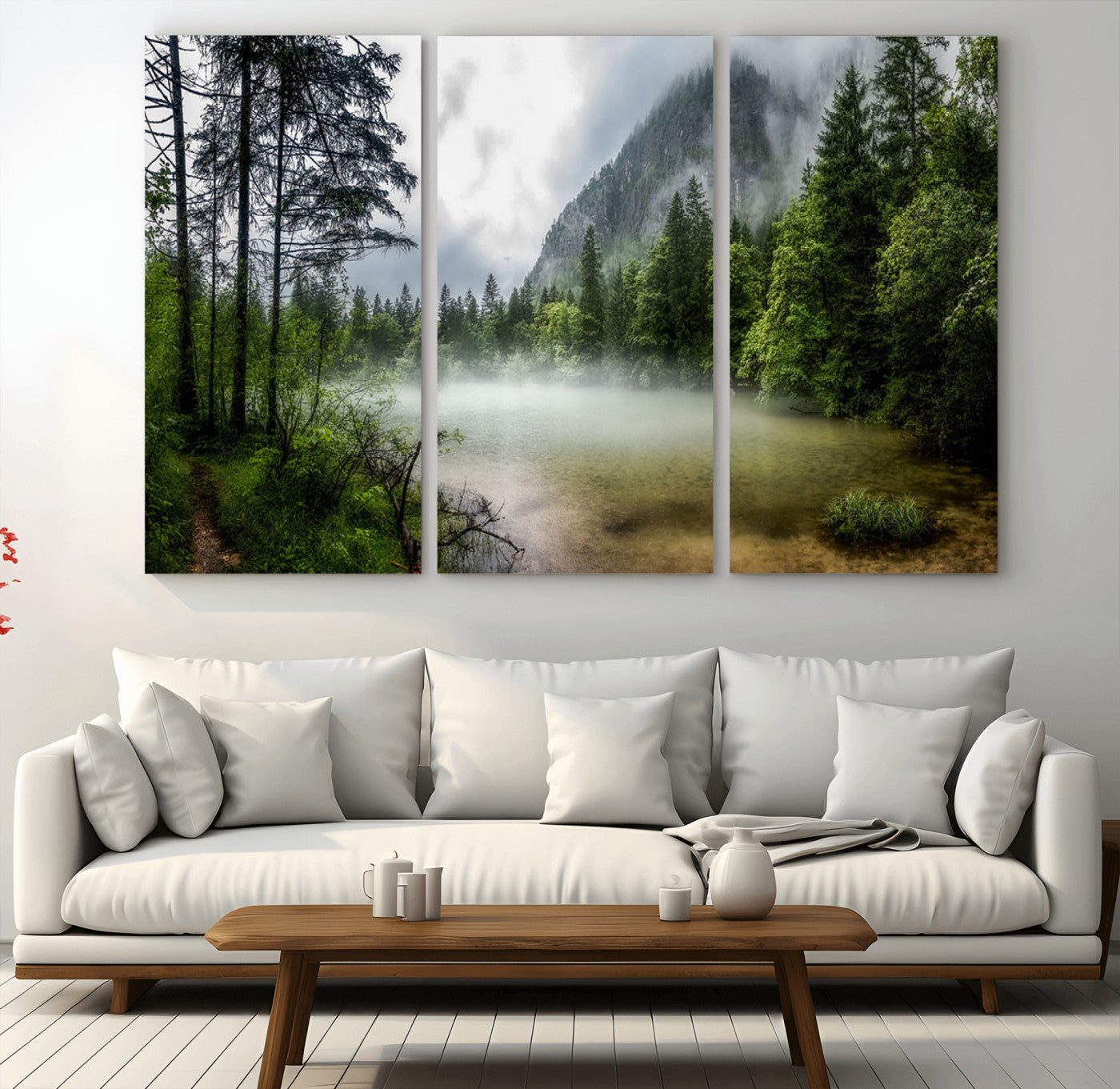 93123937-MGV-CV-36X24-Landscape Wall Art – Misty Mountain Lake Canvas Print, Tranquil Forest and Waterfall Photography Decor for Bedroom, Living Room,