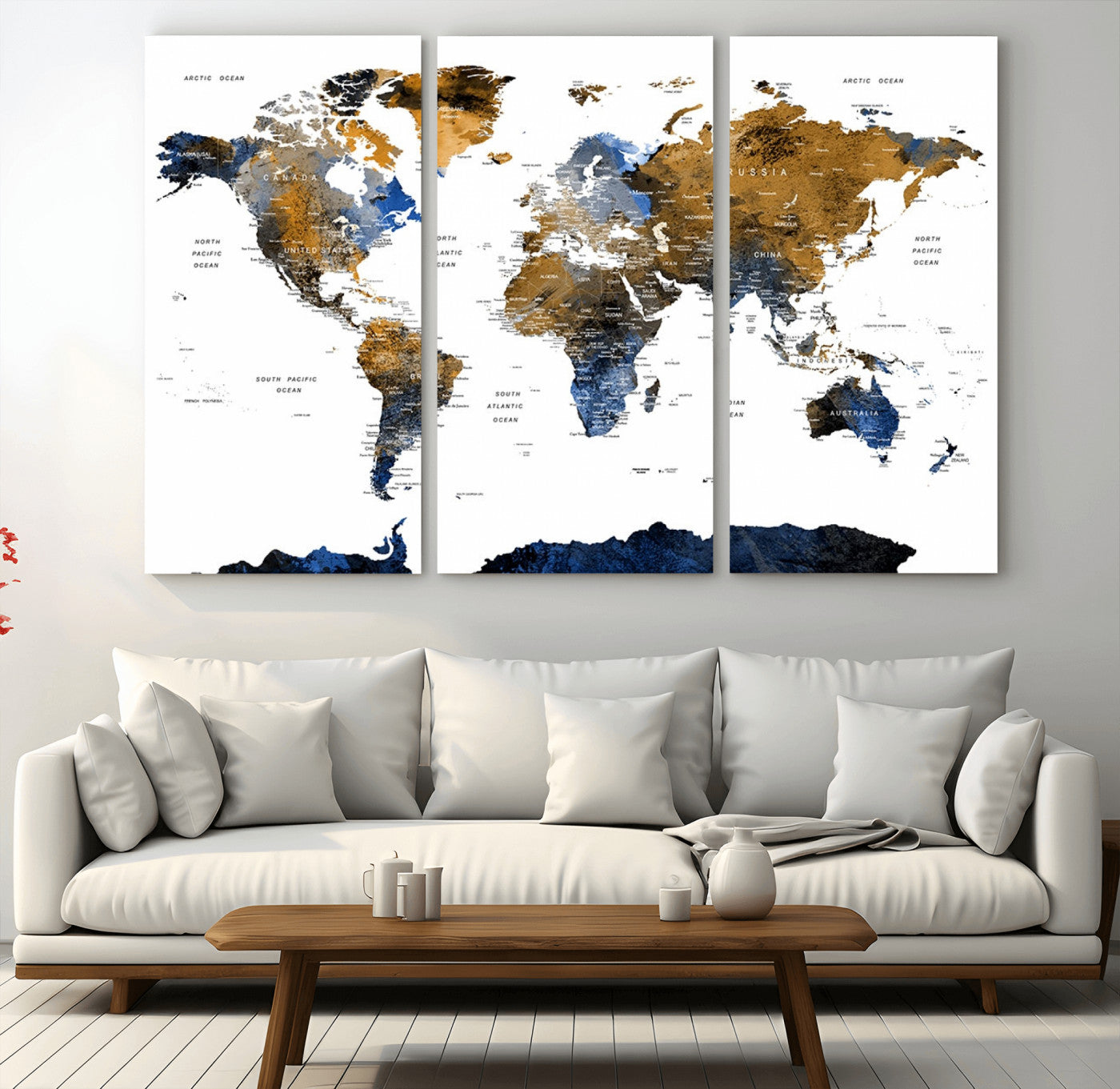 MGV-CV-48X32-3P - World Map Wall Art Canvas Print, Framed Blue Gold Map Art Picture Print, Rustic Atlas Perfect Rustic Modern Decor Artwork
