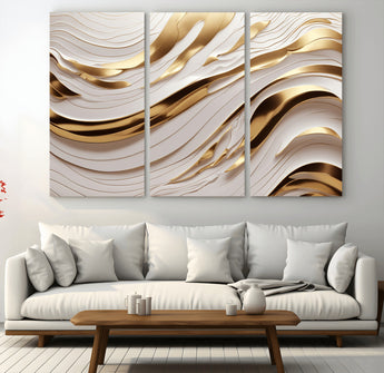 41237-MGV-CV-48X32-3P-Gold Waves Wall Art Canvas Print, Framed Elegant Flow Art Picture Print, Luxury Layers Perfect Minimal Luxe Decor Artwork