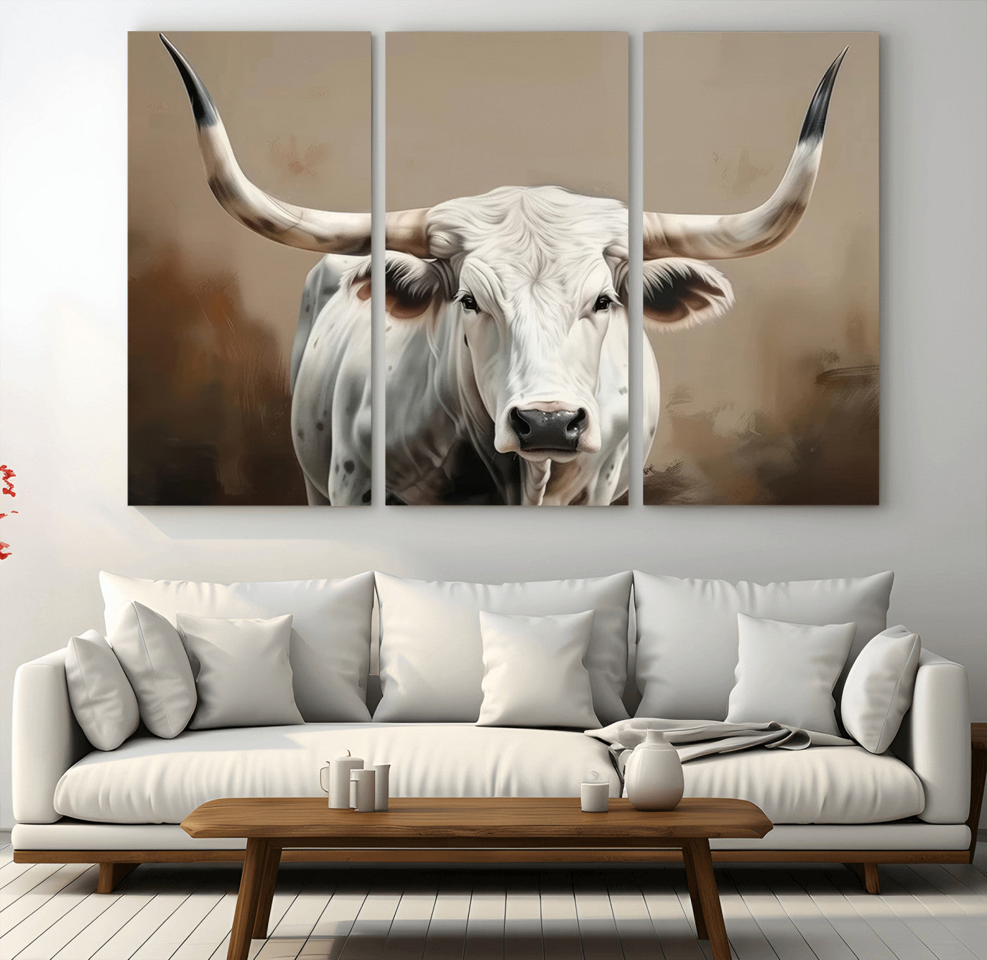 63550-MGV-CV-36X24-Texas Longhorn Wall Art Canvas Print, Framed White Bull Art Picture Print, Horned Cattle Perfect Rustic Western Decor Artwork