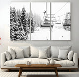 49274-MGV-CV-36X24-Snowy Forest Wall Art Canvas Print, Framed Ski Lift Art Picture Print, Mountain Snow Perfect Minimal Winter Lodge Decor Artwork