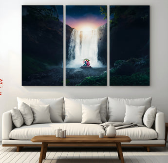 56359-MGV-CV-36X24-Lilo Stitch Wall Art Canvas Print, Framed Stitch Angel Art Picture Print, Cartoon Waterfall Perfect Tropical Fantasy Decor Artwork