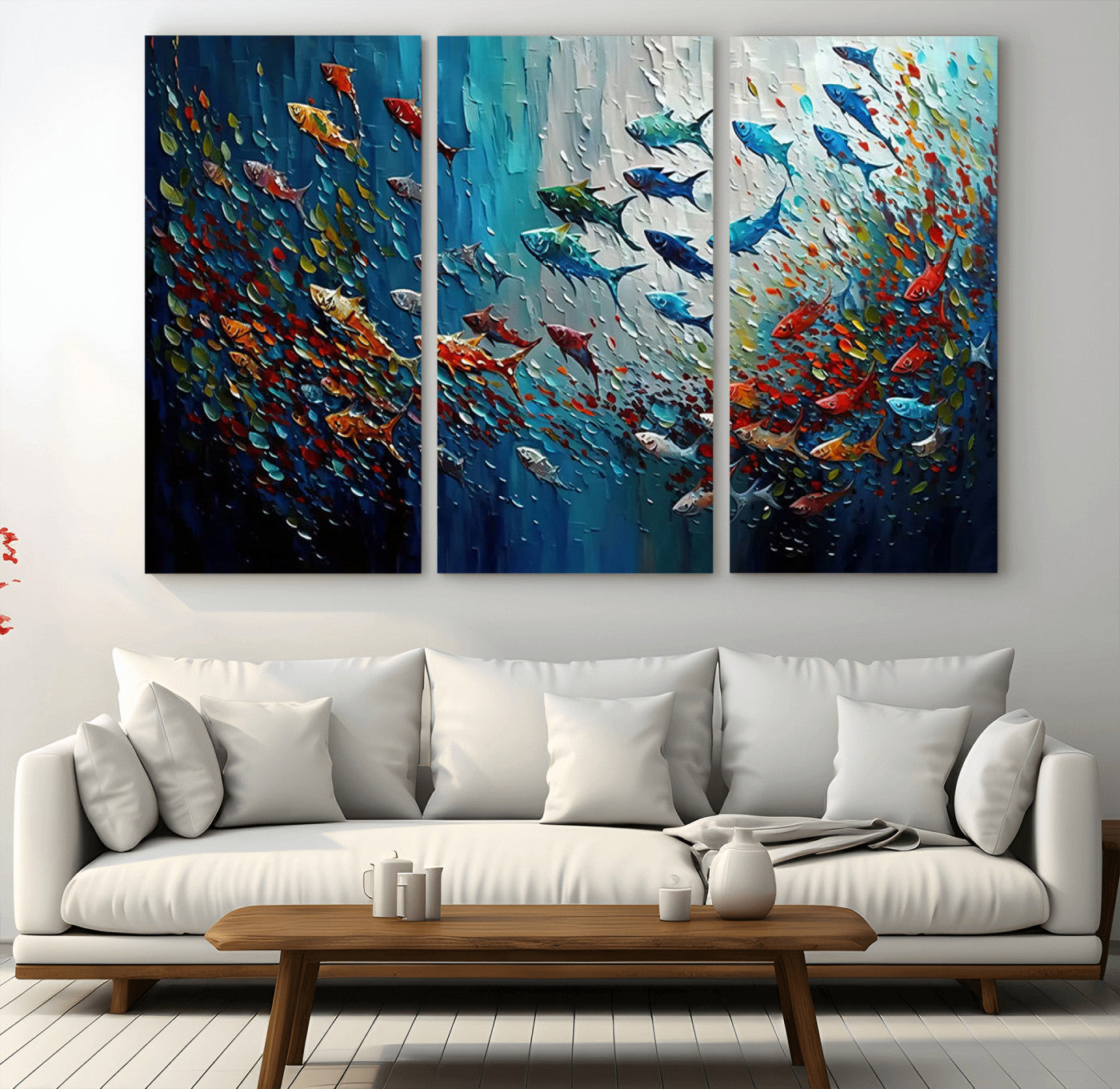 89626-MGV-CV-36X24-Fish Swarm Wall Art Canvas Print, Framed Abstract Ocean Art Picture Print, Underwater Life Perfect Vibrant Coastal Decor Artwork