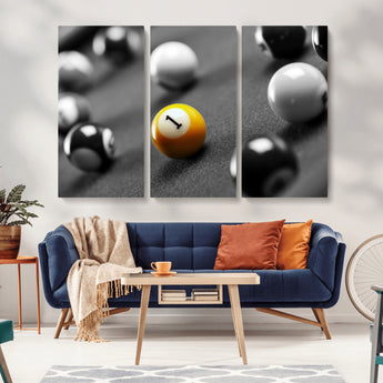 52108-MGV-CV-36X24-Precision Pool Table Wall Art – Close Up Yellow 1 Ball Canvas Print, Hand-Played Billiards Game Decor for Office, Game Room, or