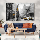 32362-MGV-CV-36X24-NYC Street Wall Art – Black and White Cityscape with Yellow Taxis and Umbrella Canvas Print, Urban Home Decor for Living Room or