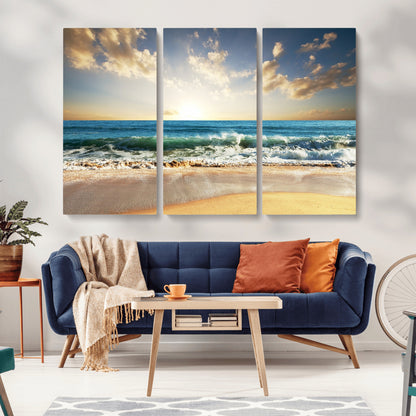 13139-MGV-CV-36X24-Sunrise Beach Wall Art – Ocean Waves and Golden Sand Canvas Print, Coastal Home Decor for Living Room, Bedroom, or Office