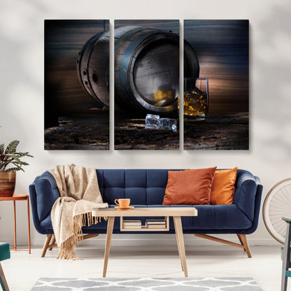 78049-MGV-CV-36X24-Whiskey Barrel Wall Art – Rustic Whiskey Barrel and Glass with Ice Canvas Print, Classic Bar or Lounge Decor for Home, Office, or