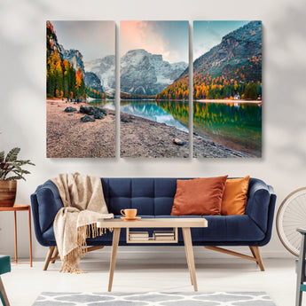 25982-MGV-CV-36X24-Autumn Mountain Lake Wall Art – Panoramic Fall Foliage and Snowy Peaks Canvas Print, Scenic Nature Decor for Living Room or Office
