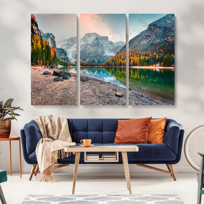 25982-MGV-CV-36X24-Autumn Mountain Lake Wall Art – Panoramic Fall Foliage and Snowy Peaks Canvas Print, Scenic Nature Decor for Living Room or Office