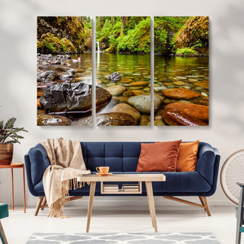 98096-MGV-CV-36X24-Serene River Waterfall Nature Photo – Calm Clear Water, Vibrant Green Forest and Smooth Stones Landscape Wall Art for Home or