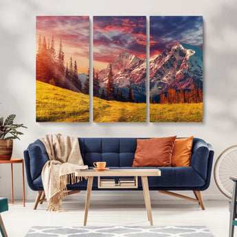 83947-MGV-CV-36X24-Sunset Mountain Landscape Wall Art – Panoramic Alpine Meadow and Snow Capped Peaks Canvas Print, Nature Scenic Decor for Home,