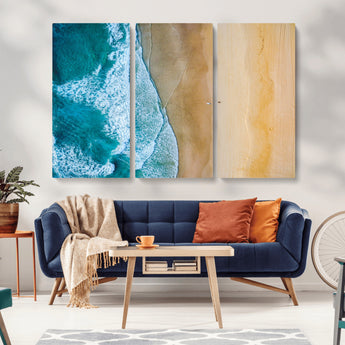 46640-MGV-CV-36X24-Aerial Beach Wall Art – Turquoise Waves and Golden Sand Canvas Print with Lone Surfer, Coastal Ocean Decor for Living Room,