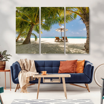 83601-MGV-CV-36X24-Tropical Beach Wall Art – Serene Palm Trees and Lounge Chairs Canvas Print, Relaxing Coastal Decor for Living Room, Bedroom or