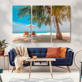 69754-MGV-CV-36X24-Tropical Beach Wall Art – Relaxing Palm Tree and Lounge Chairs Canvas Print, Serene Coastal Decor for Living Room, Bedroom, Office