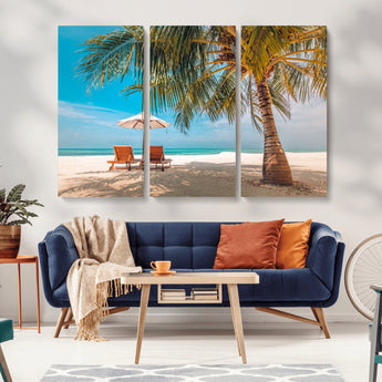 69754-MGV-CV-36X24-Tropical Beach Wall Art – Relaxing Palm Tree and Lounge Chairs Canvas Print, Serene Coastal Decor for Living Room, Bedroom, Office
