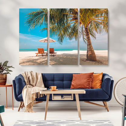 69754-MGV-CV-36X24-Tropical Beach Wall Art – Relaxing Palm Tree and Lounge Chairs Canvas Print, Serene Coastal Decor for Living Room, Bedroom, Office