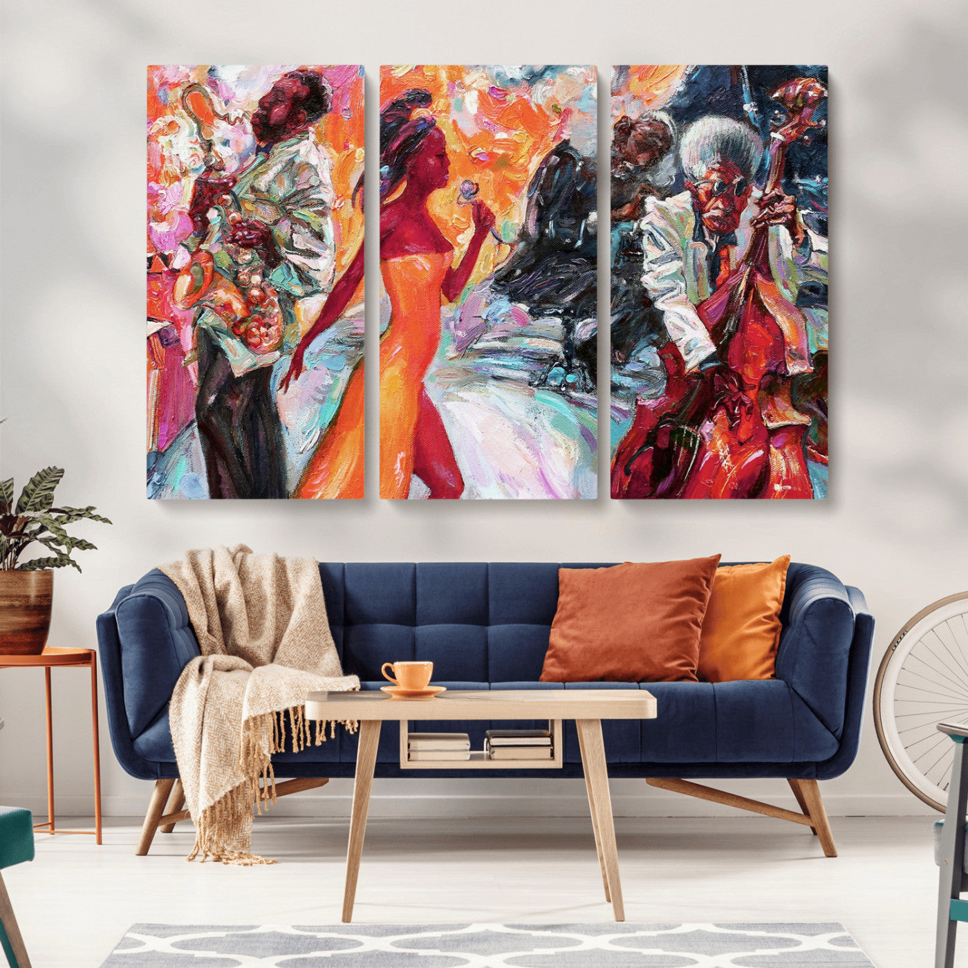 24452-MGV-CV-36X24-Vibrant Jazz Musician Painting - Expressive Art Print of Live Jazz Band, Perfect Wall Decor for Music Lovers and Art Enthusiasts