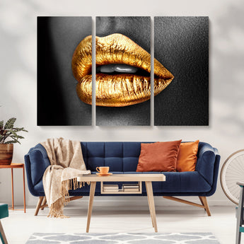 84747-MGV-CV-36X24-Golden Lips Black & White Portrait – Glamorous Metallic Lip Art Print, Modern Wall Decor for Bedroom, Beauty & Fashion Lover Gift
