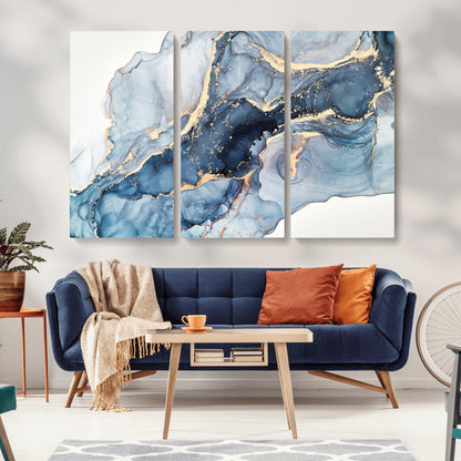 33782-MGV-CV-36X24-Abstract Marble Wall Art – Blue & Gold Fluid Painting Canvas Print, Modern Home Decor for Living Room, Bedroom or Office