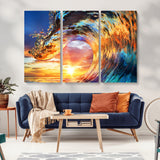 52890-MGV-CV-36X24-Surfing Wave Wall Art Canvas Print, Framed Sunset Ocean Art Picture Print, Ocean Wave Perfect Nautical Decor Artwork