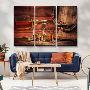 21266-MGV-CV-36X24-Pouring Whiskey into Glasses with Ice – Rustic Wooden Barrel Background, Warm Ambient Lighting, Ideal Decor for Home or Office