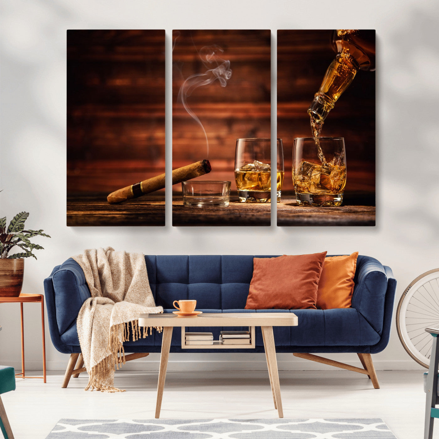 41139-MGV-CV-36X24-Whiskey and Cigar Still Life – Glasses with Ice and Pouring Amber Drink on Wooden Table with Smoke, Elegant Bar or Lounge Wall