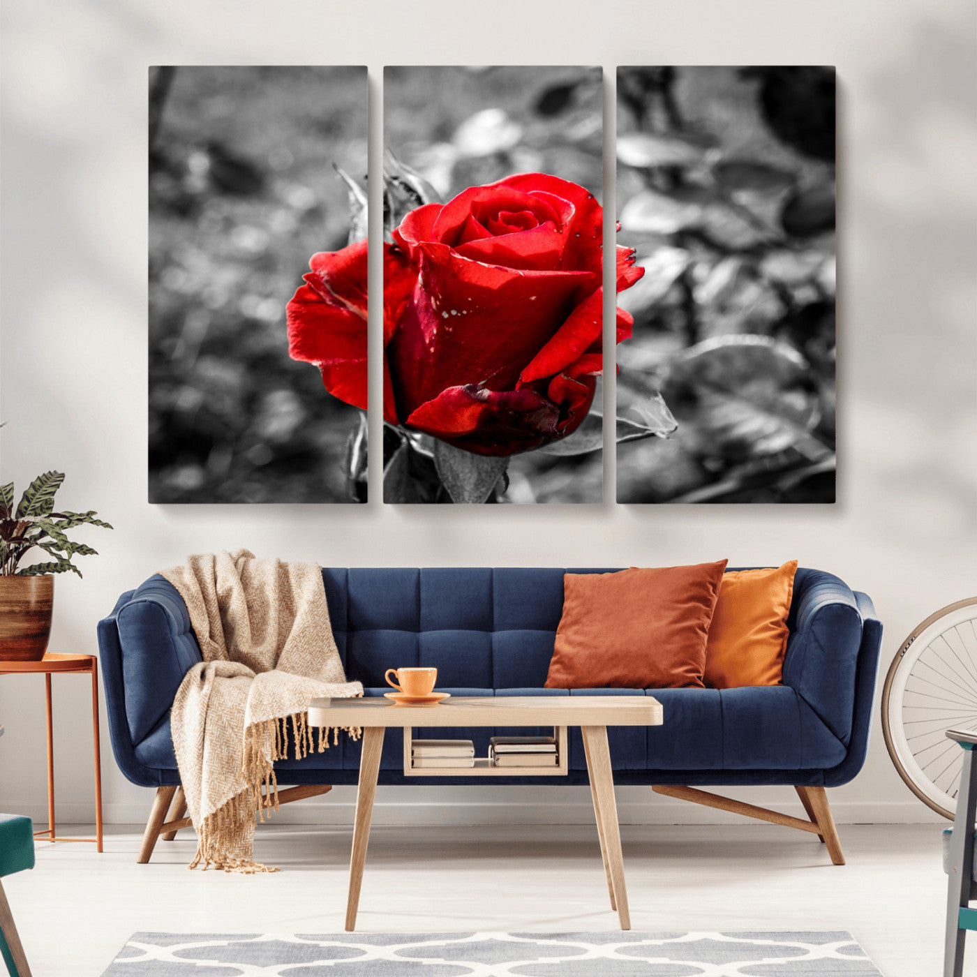 84671-MGV-CV-36X24-Red Rose Wall Art – Vibrant Single Bloom Canvas Print with Black and White Background, Elegant Floral Decor for Living Room,