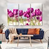 30632-MGV-CV-36X24-Purple Tulip Field Wall Art – Beautiful Spring Flowers Canvas Print with Soft Focus and Bright Sky, Ideal Floral Decor for Home or