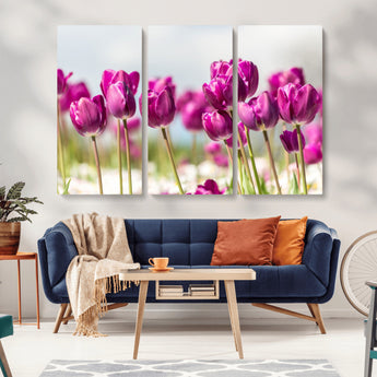 30632-MGV-CV-36X24-Purple Tulip Field Wall Art – Beautiful Spring Flowers Canvas Print with Soft Focus and Bright Sky, Ideal Floral Decor for Home or