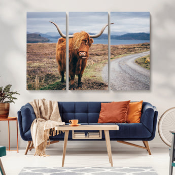 56121-MGV-CV-36X24-Rustic Highland Cow Wall Art – Panoramic Nature Canvas Print, Perfect Decor for Home, Office, Living Room or Man Cave