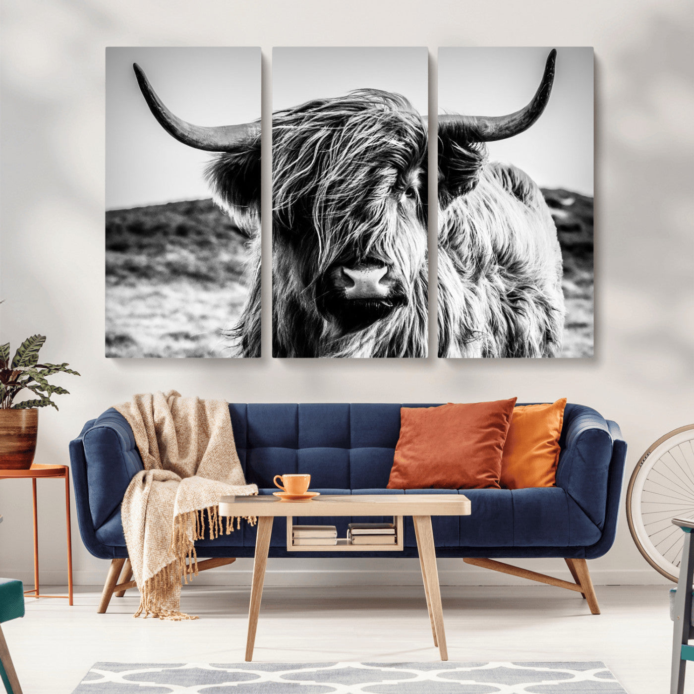 36979-MGV-CV-36X24-Striking black-and-white portrait of a Highland cow with flowing fur and majestic horns, perfect for rustic and elegant home or