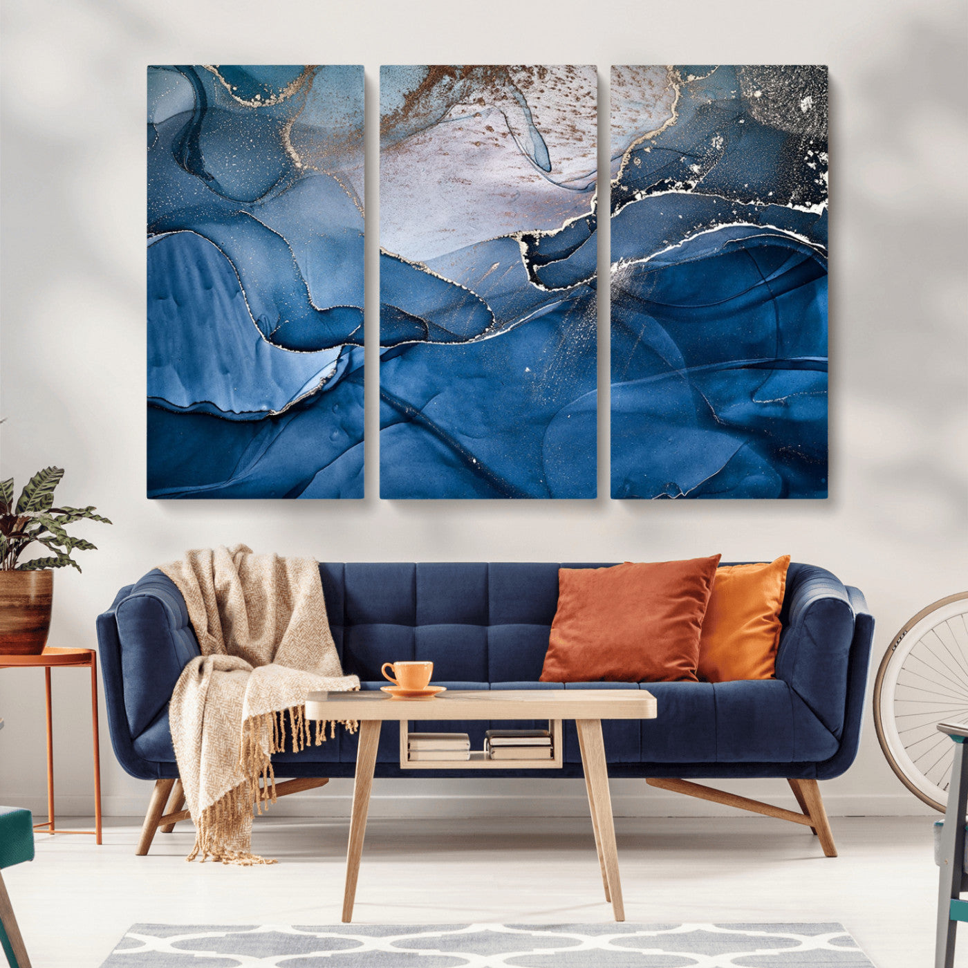 27810-MGV-CV-36X24-Abstract Blue Gold Fluid Art Wall – Modern Canvas Print, Elegant Home & Office Wall Art, Stylish Living Room or Bedroom Decor