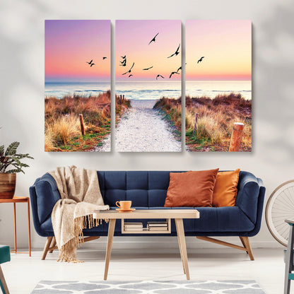 54411-MGV-CV-36X24-Beach Path with Birds Wall Art – Coastal Sunset Ocean Canvas Print, Seaside Nature Landscape Photography for Living Room, Bedroom