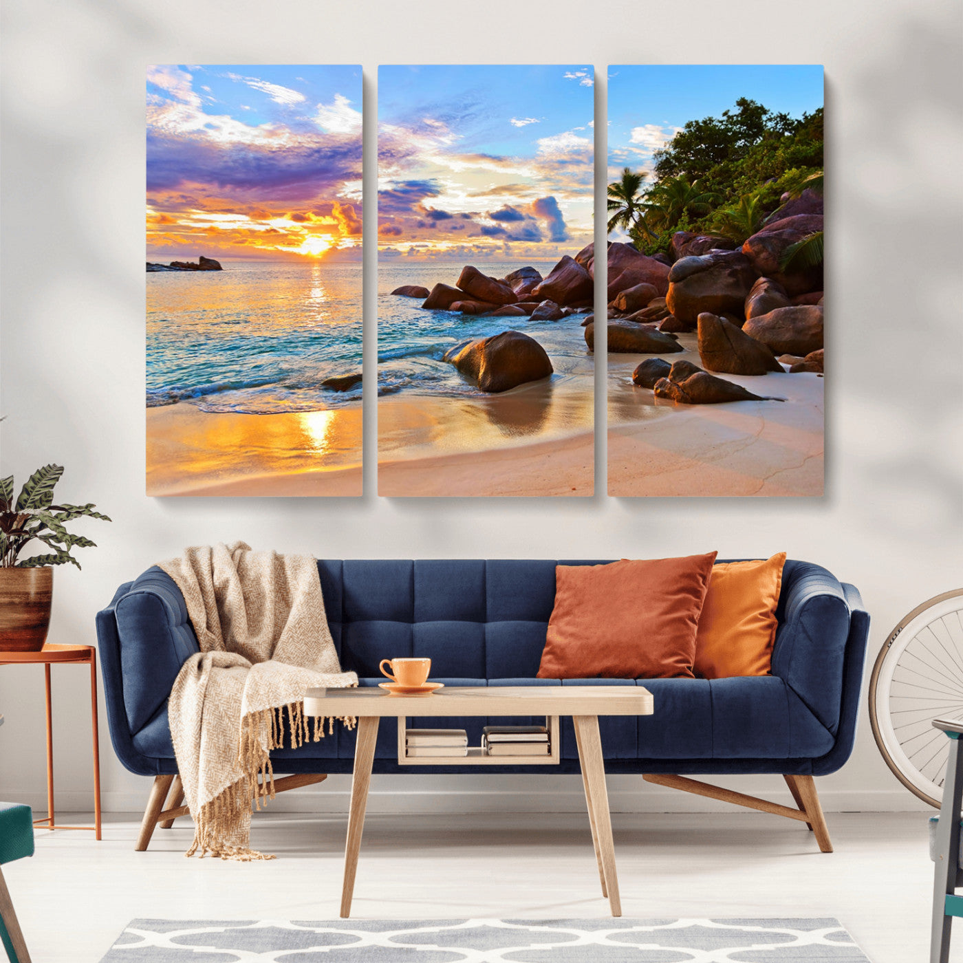 43209-MGV-CV-36X24-Tropical Beach Sunset Wall Art – Golden Ocean Waves and Palm Trees with Rocky Shore Canvas Print, Coastal Seascape Decor for