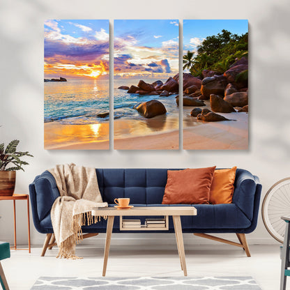 43209-MGV-CV-36X24-Tropical Beach Sunset Wall Art – Golden Ocean Waves and Palm Trees with Rocky Shore Canvas Print, Coastal Seascape Decor for