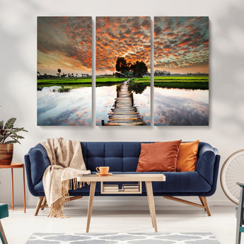 29105-MGV-CV-36X24-Rustic Wooden Bridge Wall Art – Scenic Sunset Over Rice Fields and Reflective Water Canvas Print, Nature Landscape Decor for
