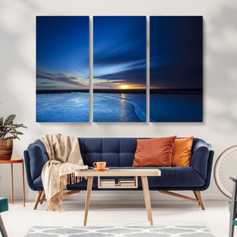 65405-MGV-CV-36X24-Blue Sunrise Seascape Wall Art – Tranquil Ocean Horizon Canvas Print with Golden Sunlight and Deep Sky, Coastal Landscape Decor