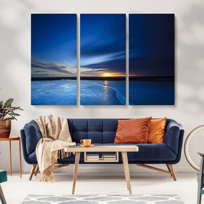 65405-MGV-CV-36X24-Blue Sunrise Seascape Wall Art – Tranquil Ocean Horizon Canvas Print with Golden Sunlight and Deep Sky, Coastal Landscape Decor