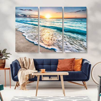27815-MGV-CV-36X24-Ocean Sunrise Beach Wall Art – Serene Coastal Canvas Print with Waves and Golden Morning Light, Relaxing Seascape Decor for