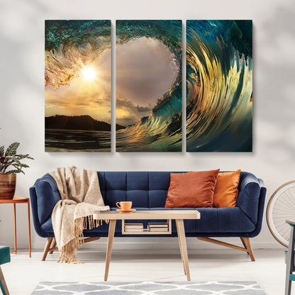 38256-MGV-CV-36X24-Ocean Wave Wall Art – Stunning Sunrise Through Curling Wave Canvas Print, Coastal Surf Photography Seascape Decor for Living Room,