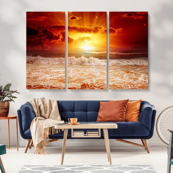 60211-MGV-CV-36X24-Fiery Sunset Ocean Waves Canvas Print – Vibrant Red & Orange Coastal Wall Art, Dramatic Seascape Decor