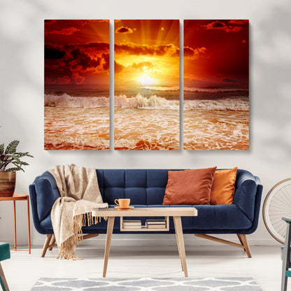 60211-MGV-CV-36X24-Fiery Sunset Ocean Waves Canvas Print – Vibrant Red & Orange Coastal Wall Art, Dramatic Seascape Decor