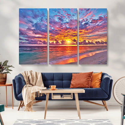 72836-MGV-CV-36X24-Fiery Sunset Beach Wall Art – Panoramic Vibrant Ocean Canvas Print, Dramatic Coastal Decor for Living Room, Bedroom or Office